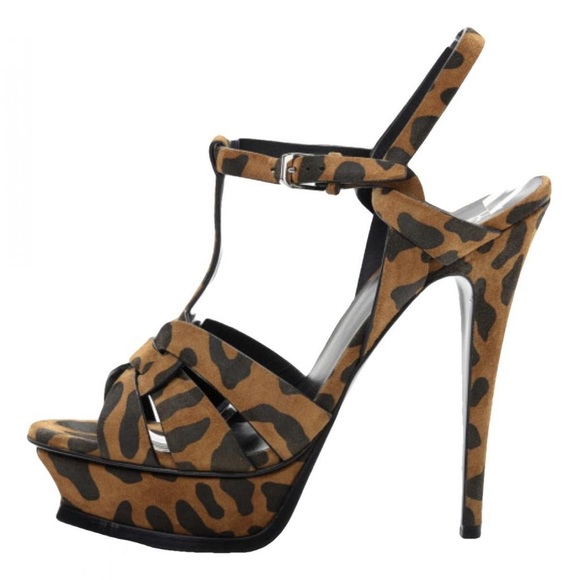 SAINT LAURENT Suade Leopard Print Tribute 105 Platform Sandals Size 8/38 NEW - Picture 1 of 11